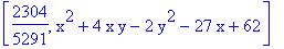 [2304/5291, x^2+4*x*y-2*y^2-27*x+62]